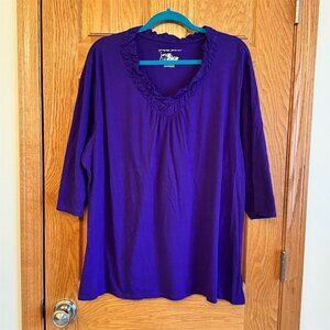 Just My Size Women's Plus 3X Purple Ruffle Neck Tee 3/4 Sleeve